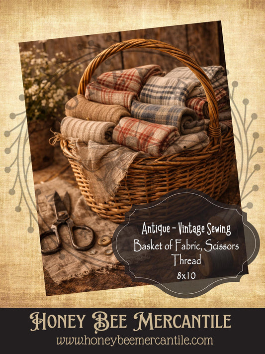 8x10 Vintage Antique Sewing Basket of Fabric Print, Digital Download, Printable, Decoupage, Primitive, Craft Supplies