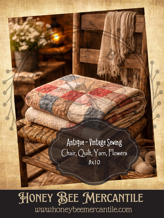8x10 Vintage Sewing Chair and Quilt Print, Digital Download, Printable, Decoupage, Vintage, Primitive, Craft Supplies