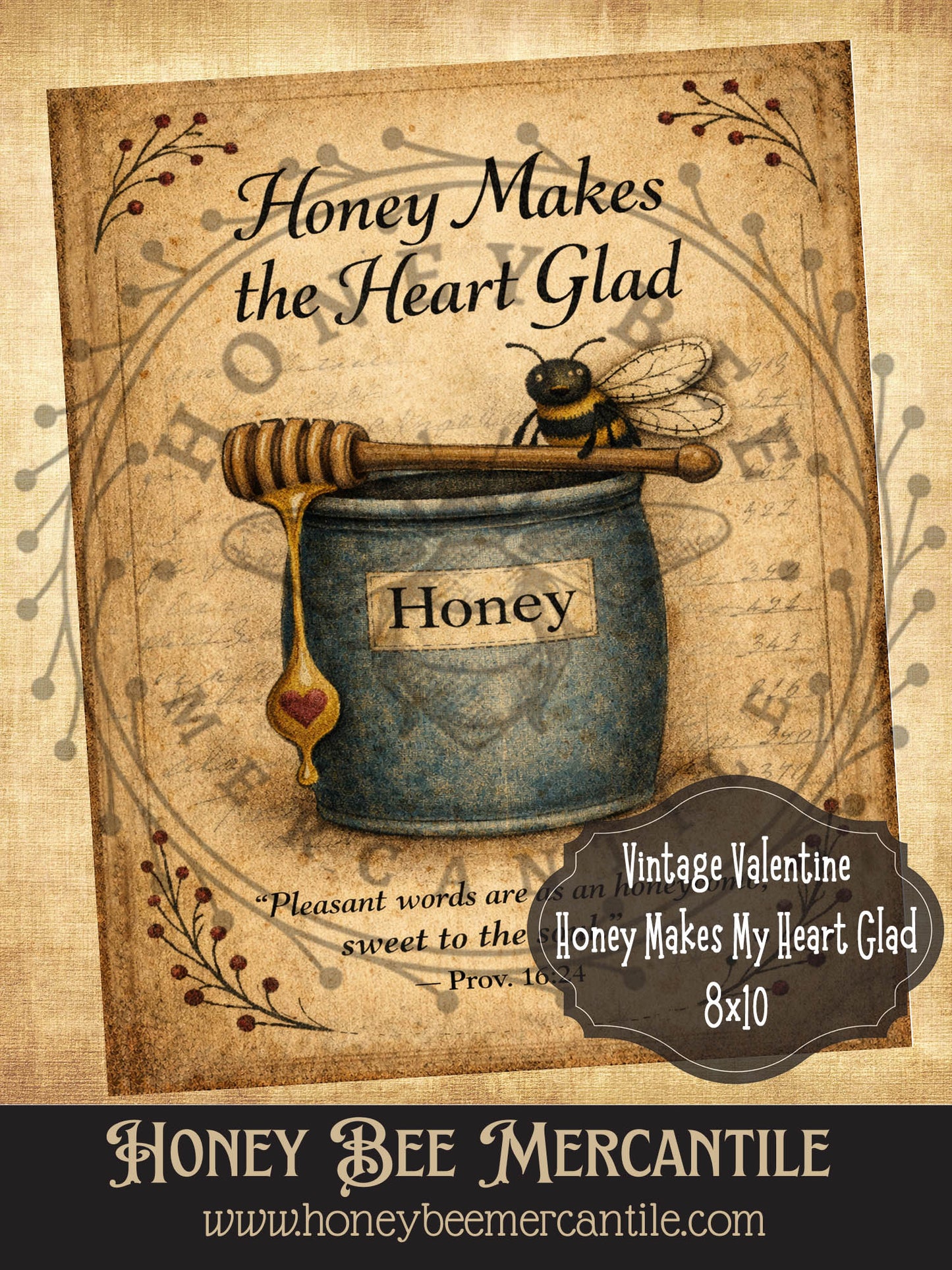 8x10 Vintage Valentine Honey Makes My Heart Glad Print, Digital Download, Printable, Decoupage, Primitive, Craft Supplies, Vintage, Rustic, Valentine