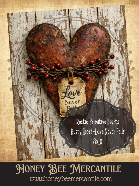 8"x10" RICE PAPER PRINT Rustic Primitive Heart, Love Never Fails, Craft Supplies, Decoupage, Folk-art