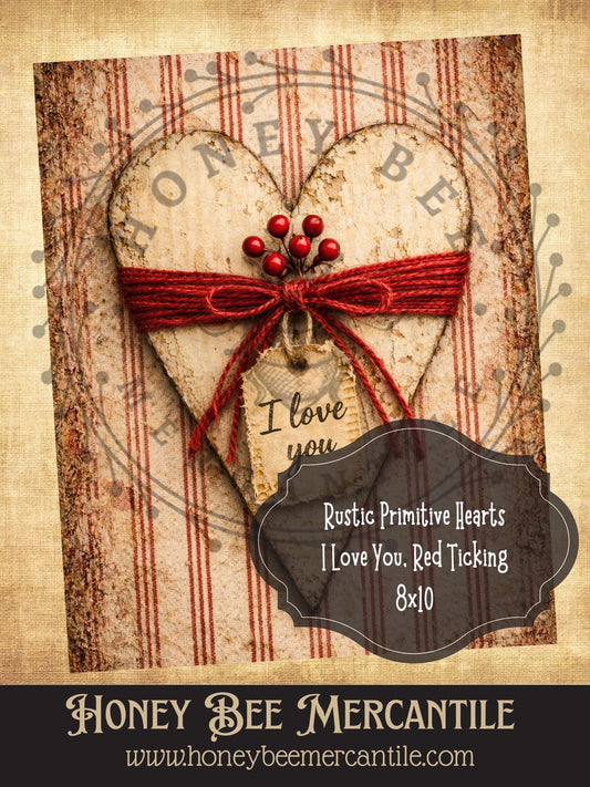 8"x10" RICE PAPER PRINT Rustic Primitive Heart, Red Ticking, I Love You, Craft Supplies, Decoupage, Folk-art