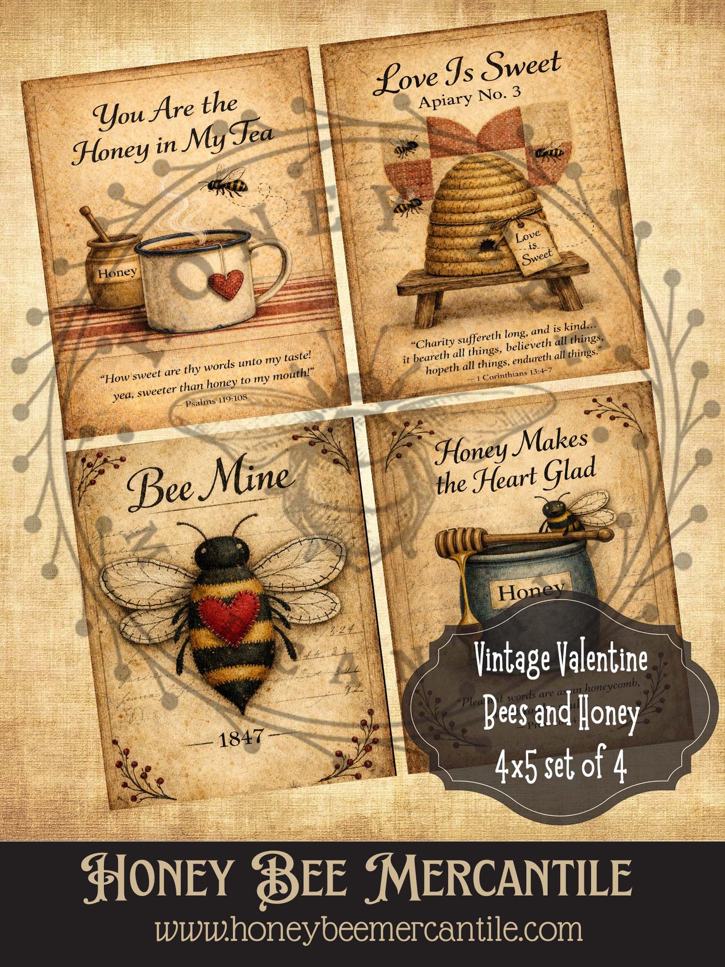 Vintage Valentine Bees and Honey, Digital Download, Printable, Decoupage, Primitive, Craft Supplies, Set of 4, 4x5