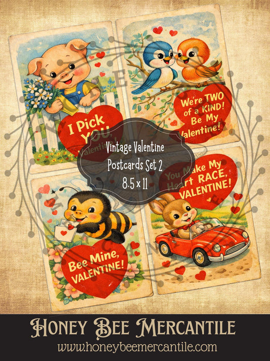 4x5 Vintage Valentine Postcards, Digital Download, Printable, Decoupage, Primitive, Craft Supplies, Set of 4, Set 2