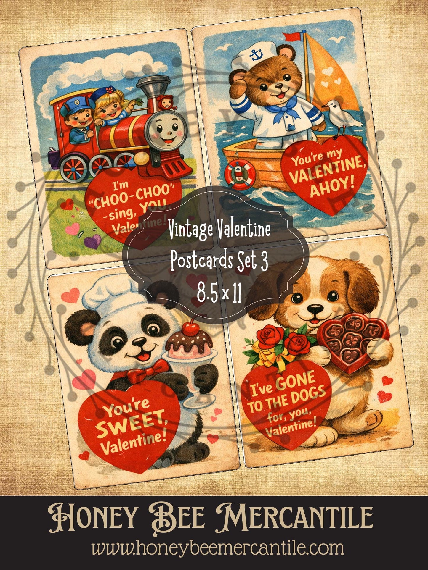 4x5 Vintage Valentine Postcards, Digital Download, Printable, Decoupage, Primitive, Craft Supplies, Set of 4, Set 3