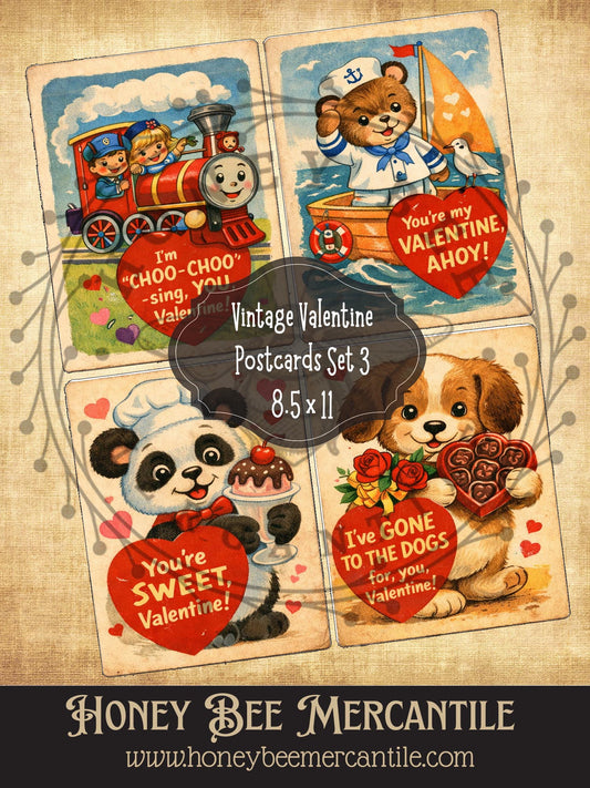4x5 Vintage Valentine Postcards, Digital Download, Printable, Decoupage, Primitive, Craft Supplies, Set of 4, Set 3