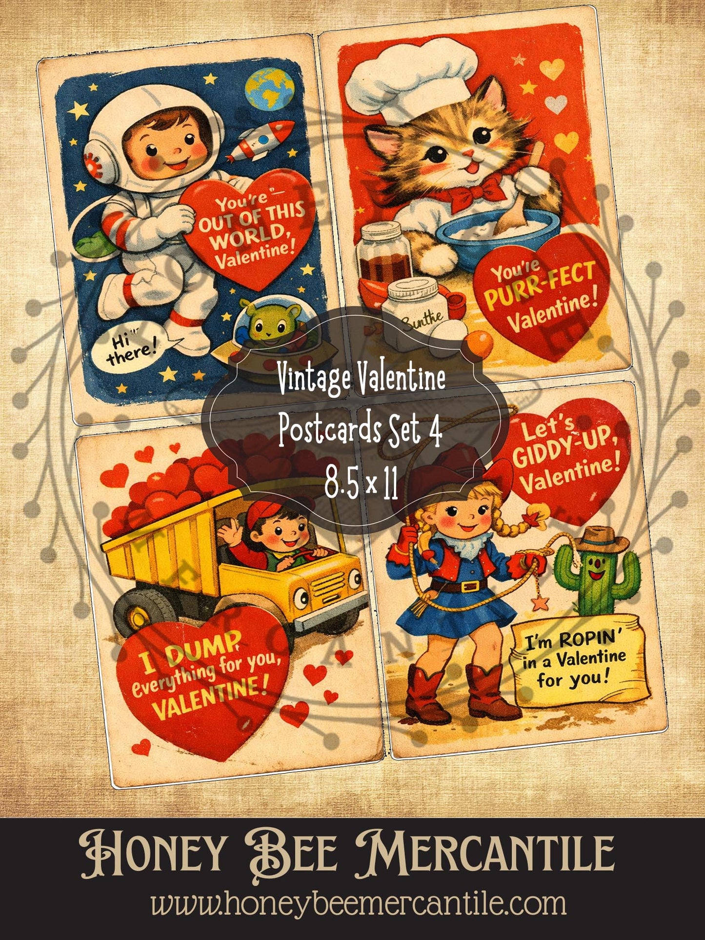 4x5 Vintage Valentine Postcards, Digital Download, Printable, Decoupage, Primitive, Craft Supplies, Set of 4, Set 4