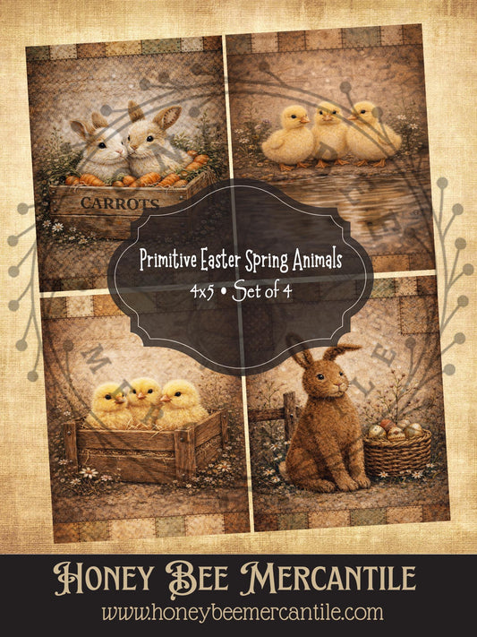 4x5 Vintage Primitive Easter Spring Animal Prints, Digital Download, Printable, Decoupage, Primitive, Craft Supplies, Set of 4