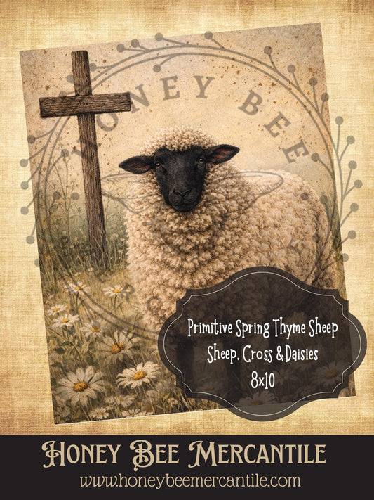 8"x10"  RICE PAPER PRINT Sheep and Cross and Daises, Vintage, Primitive Farmhouse, Craft Supplies, Decoupage, Folk-art