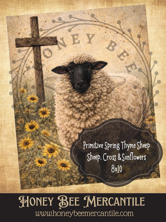 8"x10"  RICE PAPER PRINT Sheep and Sunflowers and Daises, Vintage, Primitive Farmhouse, Craft Supplies, Decoupage, Folk-art