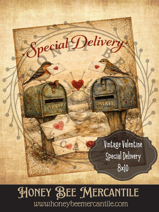 8x10 Vintage Valentine Special Delivery Print, Digital Download, Printable, Decoupage, Primitive, Craft Supplies, Vintage, Rustic, Valentine (Copy)