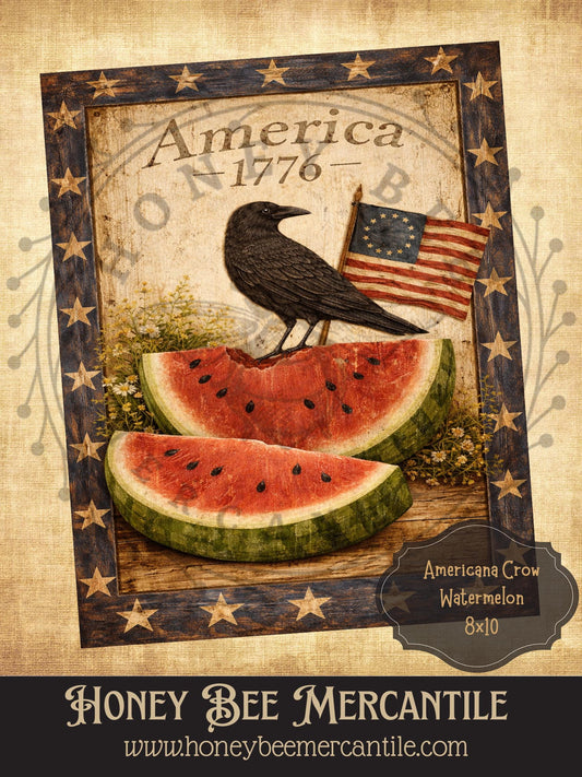 Americana Crow with Ice Cold Watermelon, 8x10, Digital Download, Printable, Decoupage, Vintage, Primitive