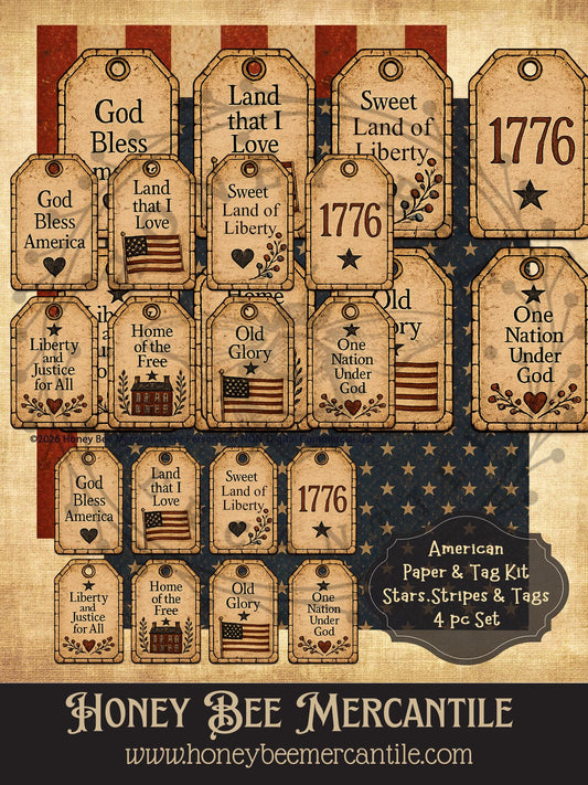 Patriotic, Americana, 8x10 Background Papers and Hang Tag 4 pc. Set, Digital Download, Printable, Decoupage, Vintage, Primitive