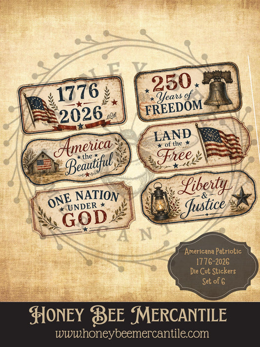 Americana Patriotic 1776-2026 Digital Die Cut Stickers, Download, Printable, Decoupage, Vintage, Primitive Labels, Set of 6