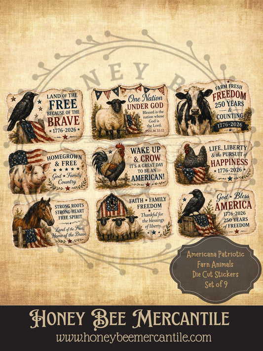 Americana Patriotic Farm Animals Digital Die Cut Stickers, Set of 9, Instant Download, Printable, Decoupage, Vintage, Primitive Labels