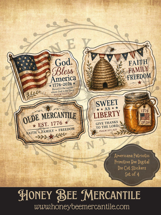 Americana Patriotic Primitive Bee Digital Die Cut Stickers, Download, Printable, Decoupage, Vintage, Primitive Labels, Set of 4