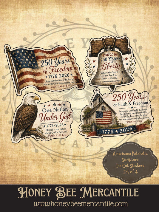 Americana Patriotic Scripture Digital Die Cut Stickers, Set of 4, Instant Download, Printable, Decoupage, Vintage, Primitive Labels