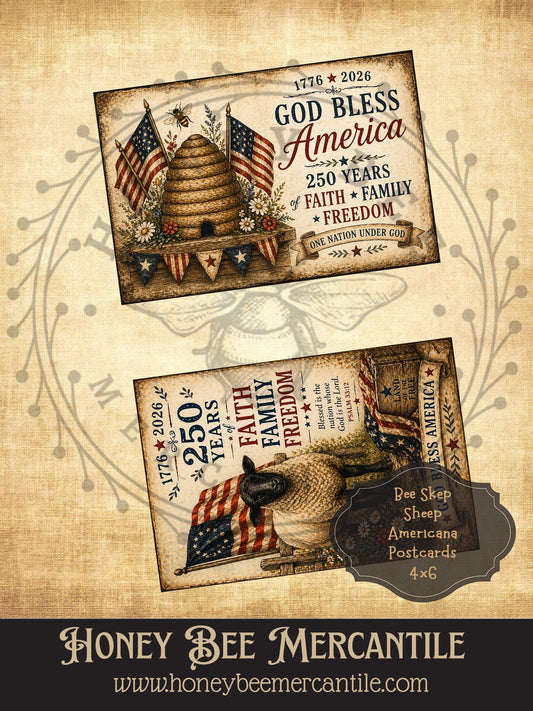 Americana Postcards, Bee Skep, Sheep, 4x6 inch Digital Download, Printable, Decoupage, Primitive, Craft Supplies, Set of 2