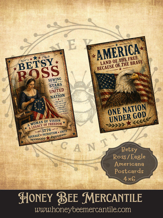 Americana Postcards, Betsy Ross, Eagle, 4x6 inch Digital Download, Printable, Decoupage, Primitive, Craft Supplies, Set of 2
