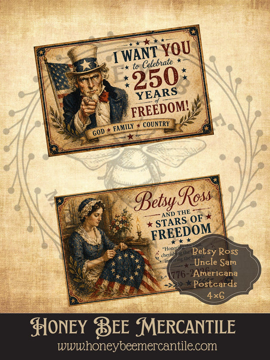 Americana Postcards, Betsy Ross, Uncle Sam, 4x6 inch Digital Download, Printable, Decoupage, Primitive, Craft Supplies, Set of 2
