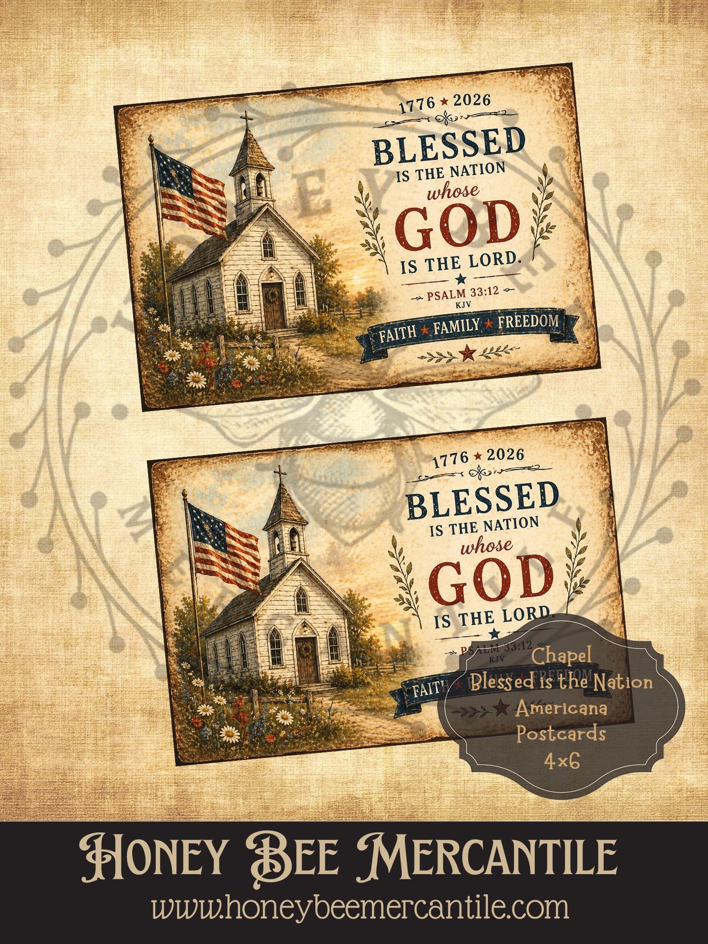 Americana Postcards, Chapel, Blessed is the Nation, 4x6 inch Digital Download, Printable, Decoupage, Primitive, Craft Supplies, Set of 2