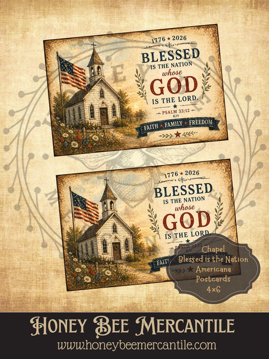Americana Postcards, Chapel, Blessed is the Nation, 4x6 inch Digital Download, Printable, Decoupage, Primitive, Craft Supplies, Set of 2