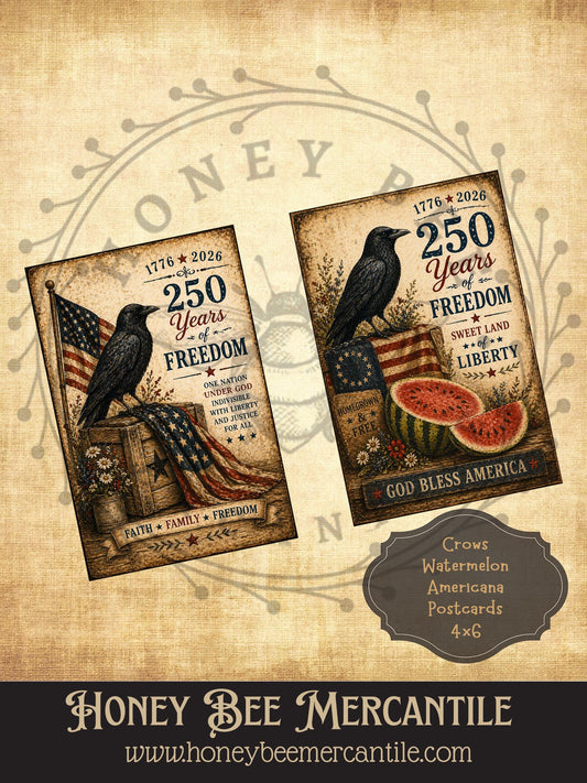 Americana Postcards, Crow an Flag, Watermelon, 4x6 inch Digital Download, Printable, Decoupage, Primitive, Craft Supplies, Set of 2