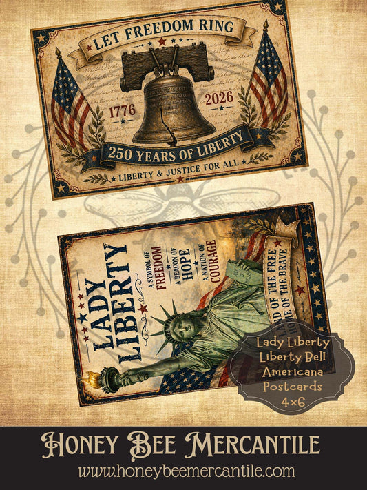 Americana Postcards, Liberty Bell, Lady Liberty, 4x6 inch Digital Download, Printable, Decoupage, Primitive, Craft Supplies, Set of 2