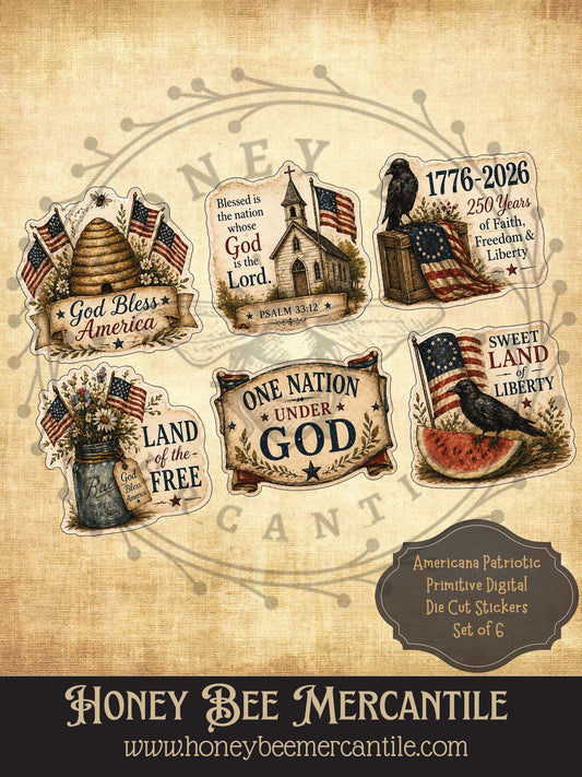 Americana Primitive Patriotic Digital Die Cut Stickers, Download, Printable, Decoupage, Vintage, Primitive Labels, Set of 6