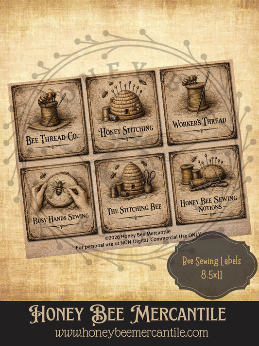 Bee Sewing Labels - Digital Download, Printable, Decoupage, Vintage, Set of 6, Primitive Pantry Labels