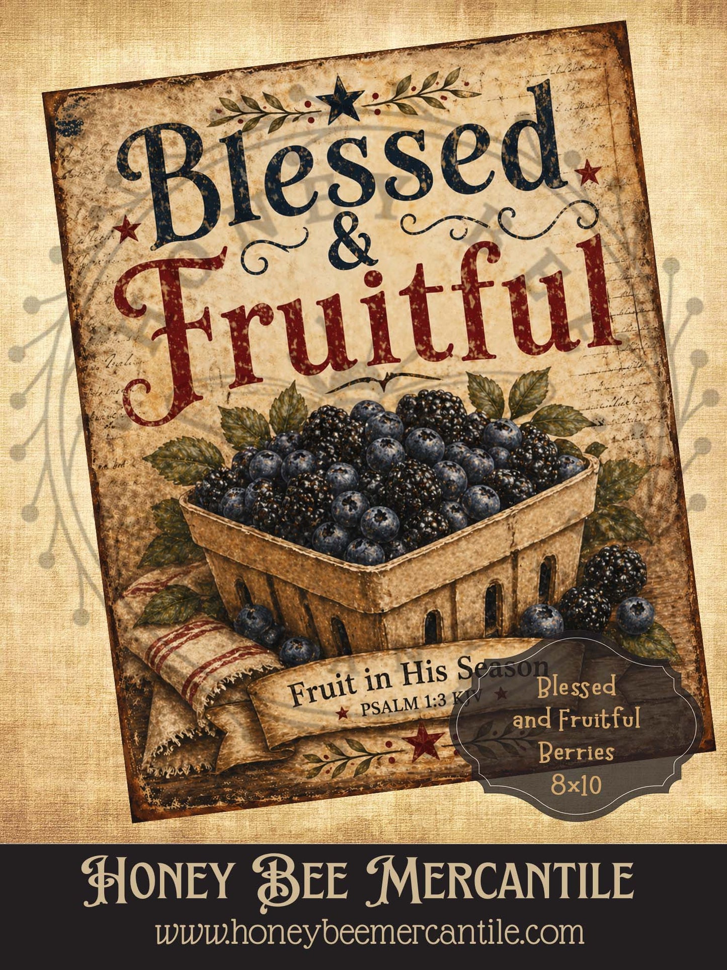 Blessed and Fruitful, Blueberries, 8x10, Digital Download, Printable, Decoupage, Vintage, Primitive