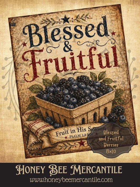 Blessed and Fruitful, Blueberries, 8x10, Digital Download, Printable, Decoupage, Vintage, Primitive