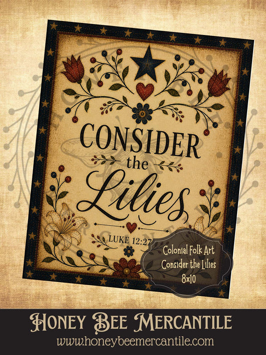 Colonial Folk Art, Consider the Lilies, 8x10, Digital Download, Printable, Decoupage, Vintage, Primitive