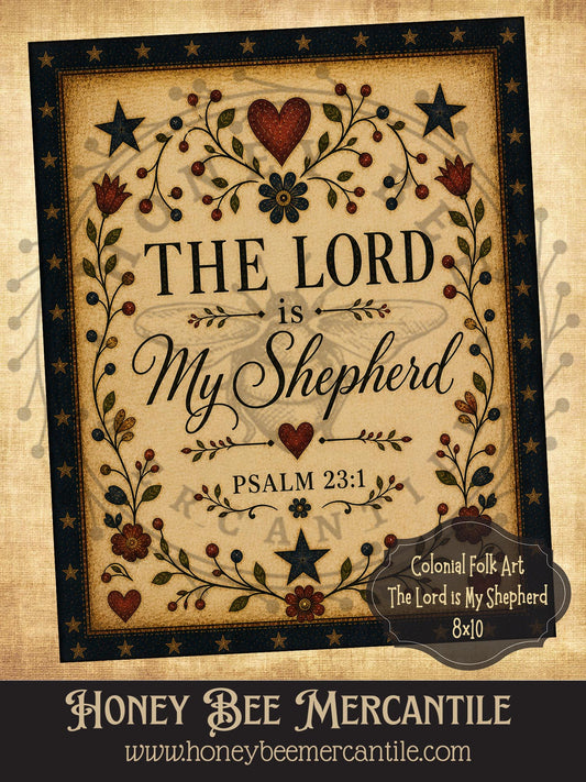 Colonial Folk Art, The Lord Is My Shepherd, 8x10, Digital Download, Printable, Decoupage, Vintage, Primitive