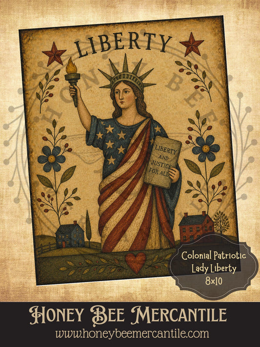 Colonial Patriotic Lady Liberty, 8x10, Digital Download, Printable, Decoupage, Vintage, Primitive