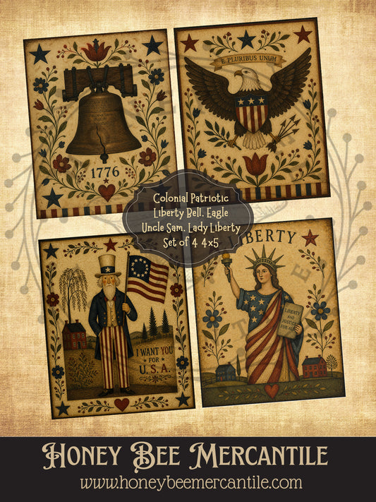 Colonial Patriotic, Set of 4, Digital Download, Printable, Decoupage, Vintage, Primitive, Craft Supplies, 4x5 inch