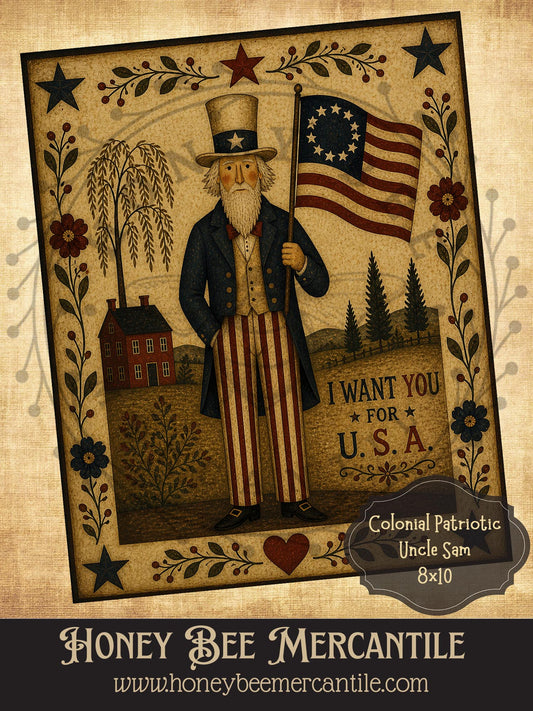 Colonial Patriotic Uncle Sam, 8x10, Digital Download, Printable, Decoupage, Vintage, Primitive