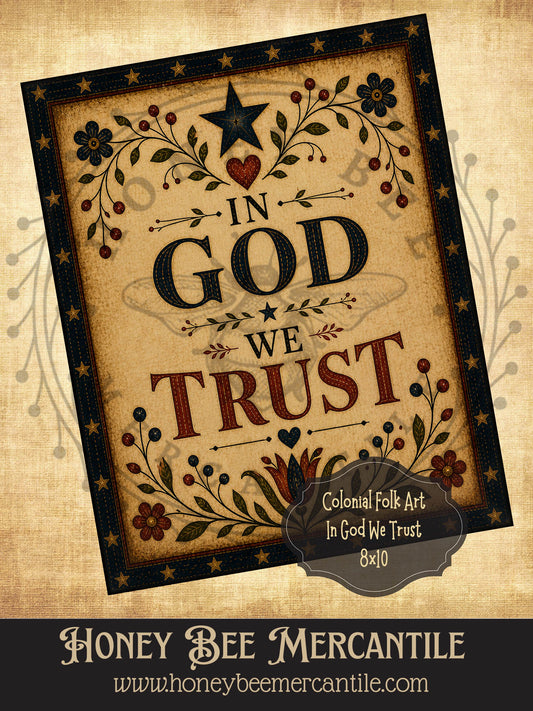 Colonial Patriotic In God We Trust, 8x10, Digital Download, Printable, Decoupage, Vintage, Primitive