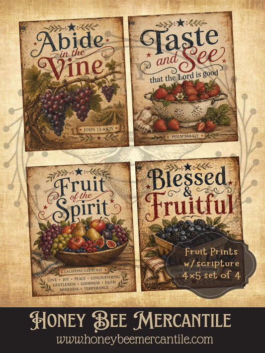Fruit with Scripture, Set of 4, Digital Download, Printable, Decoupage, Vintage, Primitive, Craft Supplies, 4x5 inch
