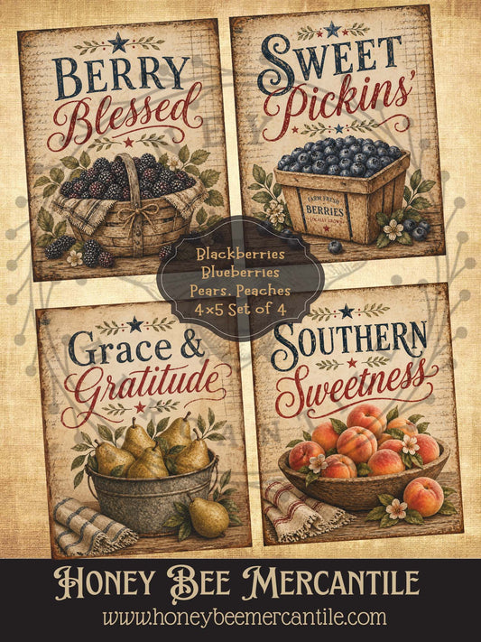 Blackberries, Blueberries, Pears and Peaches, Set of 4, Digital Download, Printable, Decoupage, Vintage, Primitive, Craft Supplies, 4x5 inch