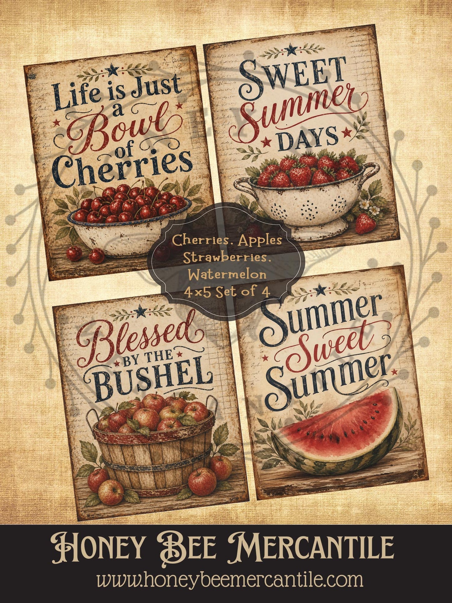 Fruit Prints, Cherries, Strawberries. Watermelon, Set of 4, Digital Download, Printable, Decoupage, Primitive, Craft Supplies, 4x5 inch