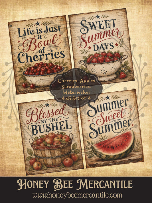 Fruit Prints, Cherries, Strawberries. Watermelon, Set of 4, Digital Download, Printable, Decoupage, Primitive, Craft Supplies, 4x5 inch