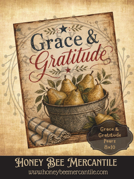 Grace and Gratitude, Bucket of Pears, 8x10, Digital Download, Printable, Decoupage, Vintage, Primitive