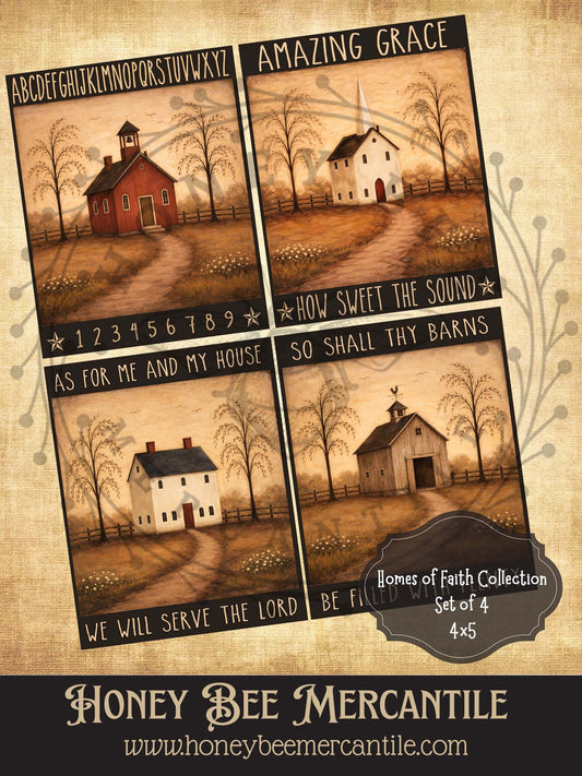 Homes of Faith Collection, Set of 4, Digital Download, Printable, Decoupage, Vintage, Primitive, Craft, 4x5 size