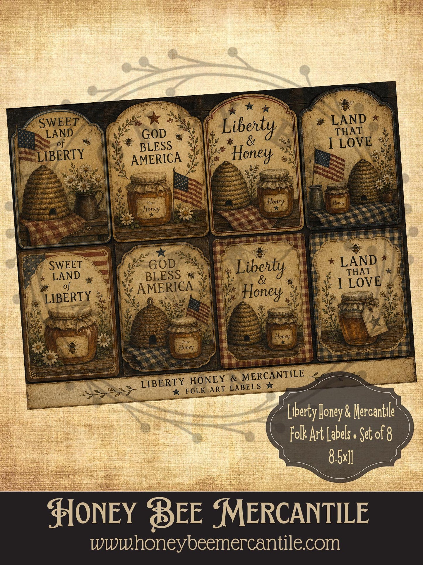 Liberty and Honey Folk Art Labels, Set of 8, Digital Download, Printable, Decoupage, Vintage, Primitive, Craft Supplies