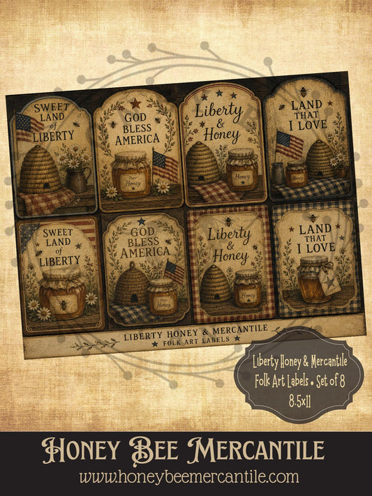 Liberty and Honey Folk Art Labels, Set of 8, Digital Download, Printable, Decoupage, Vintage, Primitive, Craft Supplies