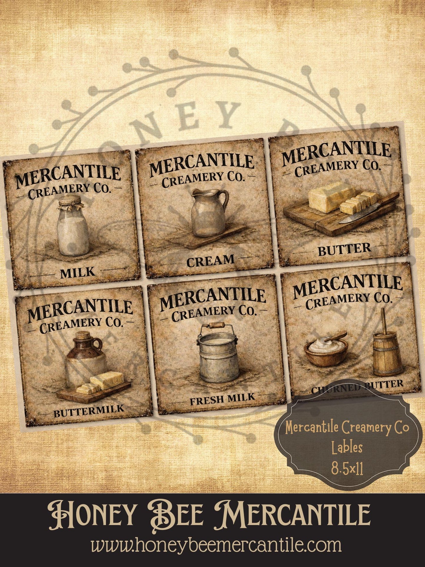 Mercantile Creamery Co Labels - Digital Download, Printable, Decoupage, Vintage, Set of 6, Primitive Pantry Labels