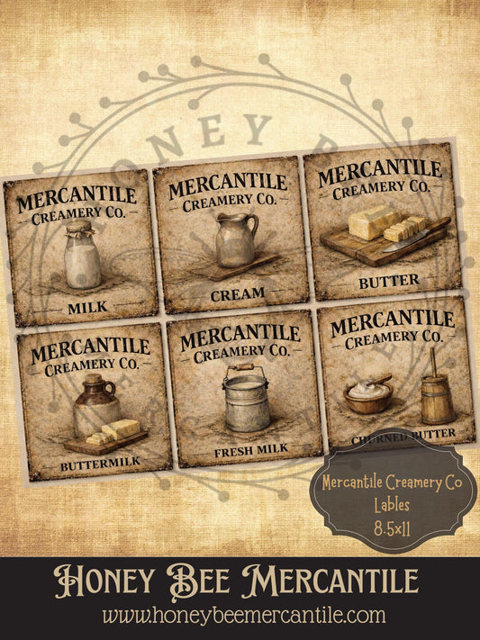 Mercantile Creamery Co Labels - Digital Download, Printable, Decoupage, Vintage, Set of 6, Primitive Pantry Labels