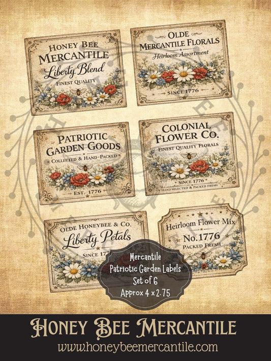Mercantile Patriotic Garden Labels, Set of 6 prints - 4x3 size, Instant Download, Florals, Vintage, Printable, Decoupauge