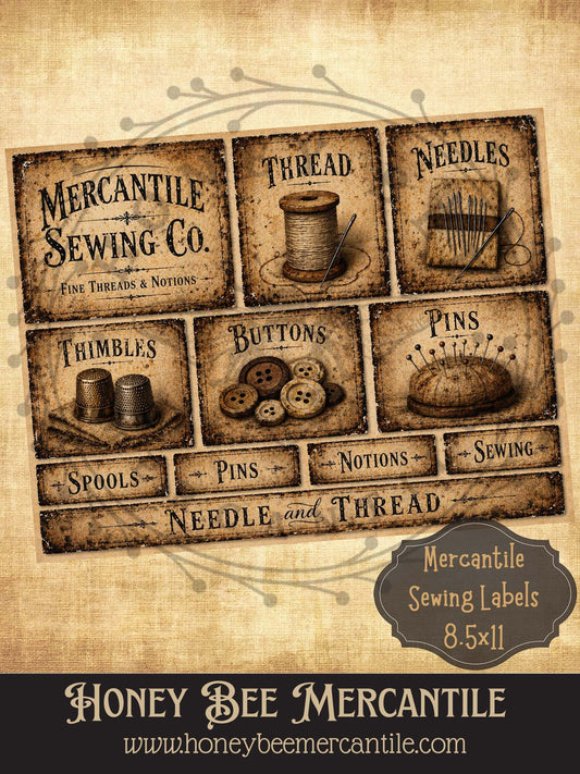 Mercantile Sewing Labels - Digital Download, Printable, Decoupage, Vintage, Set of 11, Primitive Labels