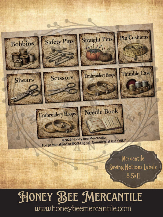 Mercantile Sewing Notions Labels - Digital Download, Printable, Decoupage, Vintage, Set of 10, Primitive Labels